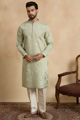 Men's green silk blend embroidered design solid kurta with trousers – trendy festive & wedding wear