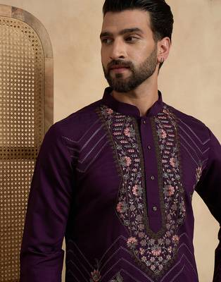 Men's violet silk blend embroidered design solid kurta with trousers – trendy festive & wedding wear 1