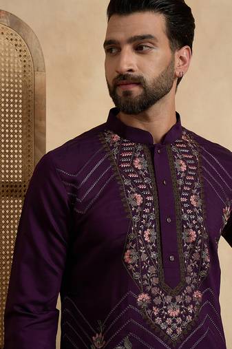 Men's violet silk blend embroidered design solid kurta with trousers – trendy festive & wedding wear