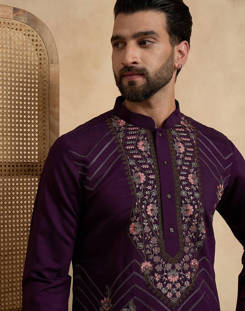 Men's violet silk blend embroidered design solid kurta with trousers – trendy festive & wedding wear