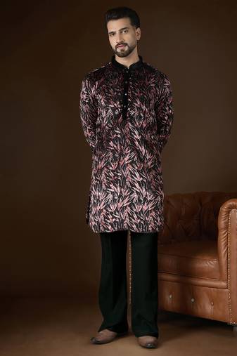 Men's black velvet printed design ethnic motifs kurta with trousers trendy festive & wedding wear