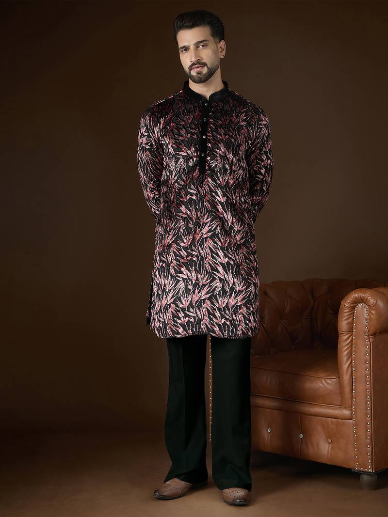 Men's black velvet printed design ethnic motifs kurta with trousers trendy festive & wedding wear