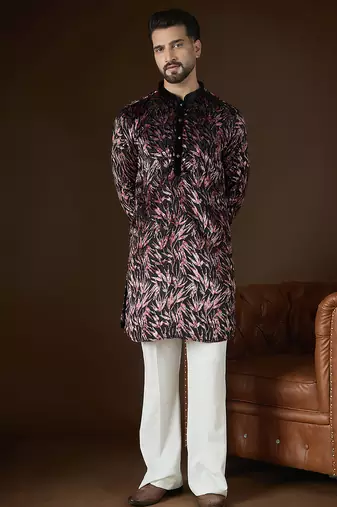 Men's black velvet printed design ethnic motifs kurta with trousers trendy festive & wedding wear