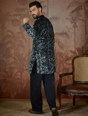 Men's black velvet printed design ethnic motifs kurta with trousers – trendy festive & wedding wear 4