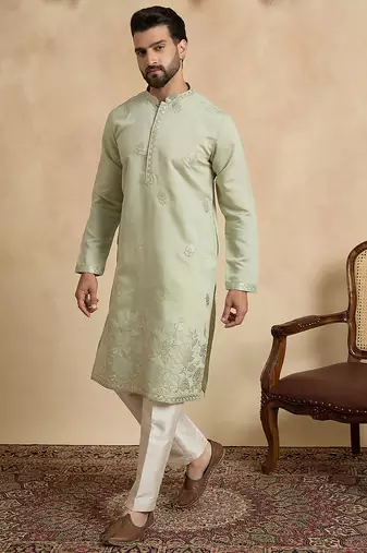 Men's green silk blend embroidered design solid kurta with trousers – trendy festive & wedding wear