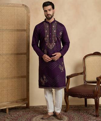Men's violet silk blend embroidered design solid kurta with trousers – trendy festive & wedding wear 2