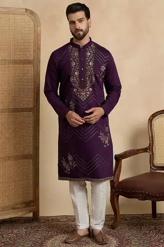 Men's violet silk blend embroidered design solid kurta with trousers trendy festive & wedding wear