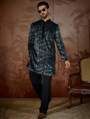 Men's black velvet printed design ethnic motifs kurta with trousers – trendy festive & wedding wear 5