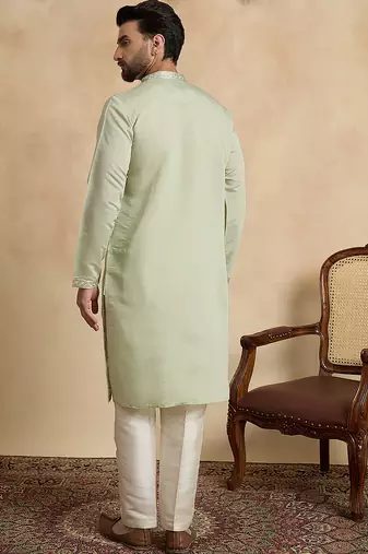 Men's green silk blend embroidered design solid kurta with trousers – trendy festive & wedding wear