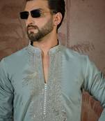 Men's turquoise blue silk blend embroidered design solid kurta with trousers – trendy festive & wedding wear