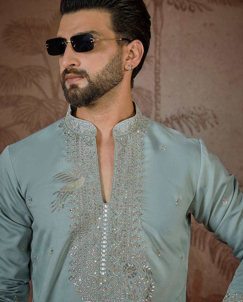 Men's turquoise blue silk blend embroidered design solid kurta with trousers – trendy festive & wedding wear