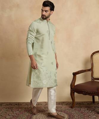 Men's green silk blend embroidered design solid kurta with trousers – trendy festive & wedding wear 5
