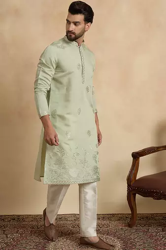 Men's green silk blend embroidered design solid kurta with trousers – trendy festive & wedding wear