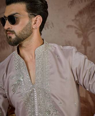 Men's lavender silk blend embroidered design solid kurta with trousers – trendy festive & wedding wear 1