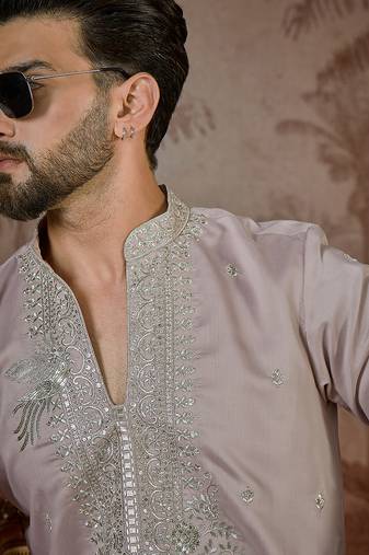 Men's lavender silk blend embroidered design solid kurta with trousers – trendy festive & wedding wear