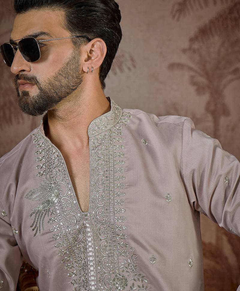 Men's lavender silk blend embroidered design solid kurta with trousers – trendy festive & wedding wear