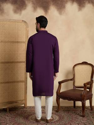 Men's violet silk blend embroidered design solid kurta with trousers – trendy festive & wedding wear 4