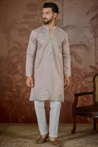 Men's lavender silk blend embroidered design solid kurta with trousers trendy festive & wedding wear