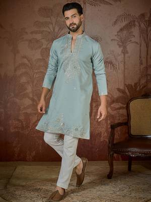 Men's turquoise blue silk blend embroidered design solid kurta with trousers – trendy festive & wedding wear 3