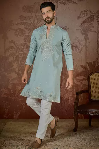 Men's turquoise blue silk blend embroidered design solid kurta with trousers trendy festive & wedding wear