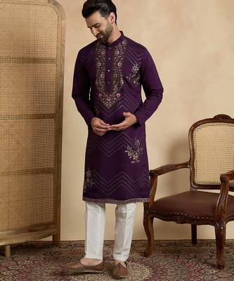 Men's violet silk blend embroidered design solid kurta with trousers – trendy festive & wedding wear 5