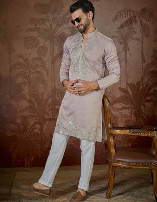 Men's lavender silk blend embroidered design solid kurta with trousers – trendy festive & wedding wear 3