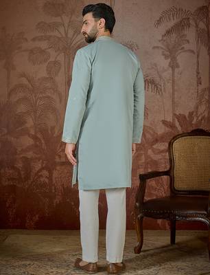 Men's turquoise blue silk blend embroidered design solid kurta with trousers – trendy festive & wedding wear 4