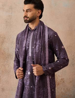 Men's purple silk blend printed ethnic motifs kurta with dupatta – trendy festive & wedding wear 1