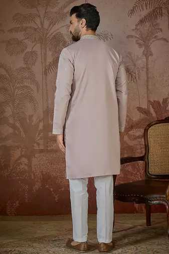 Men's lavender silk blend embroidered design solid kurta with trousers trendy festive & wedding wear