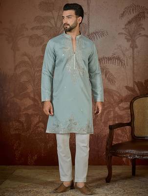 Men's turquoise blue silk blend embroidered design solid kurta with trousers – trendy festive & wedding wear 5