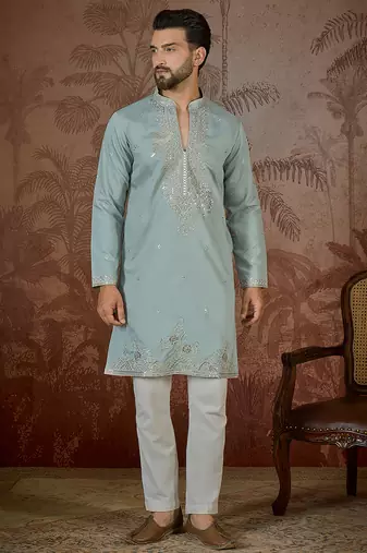 Men's turquoise blue silk blend embroidered design solid kurta with trousers trendy festive & wedding wear