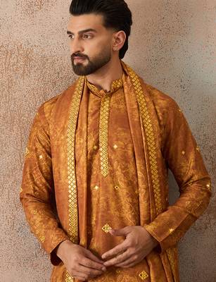 Men's mustard silk blend printed ethnic motifs kurta with dupatta     trendy festive & wedding wear 1