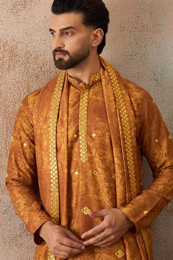 Men's mustard silk blend printed ethnic motifs kurta with dupatta     trendy festive & wedding wear