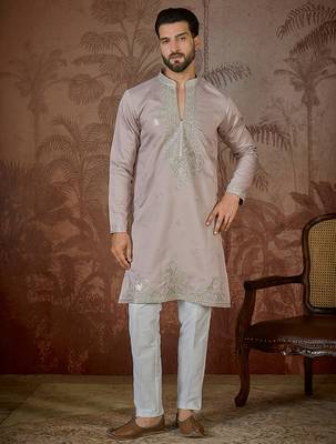 Men's lavender silk blend embroidered design solid kurta with trousers – trendy festive & wedding wear 5
