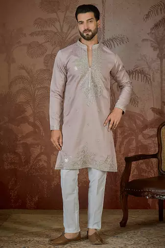 Men's lavender silk blend embroidered design solid kurta with trousers trendy festive & wedding wear