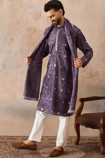 Men's purple silk blend printed ethnic motifs kurta with dupatta – trendy festive & wedding wear