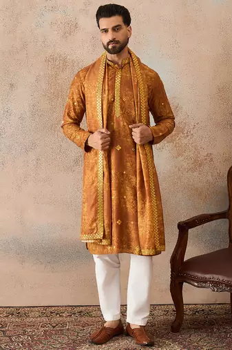 Men's mustard silk blend printed ethnic motifs kurta with dupatta     trendy festive & wedding wear