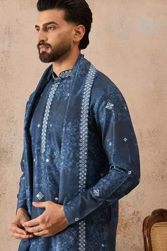 Men's blue silk blend printed ethnic motifs kurta with dupatta     trendy festive & wedding wear