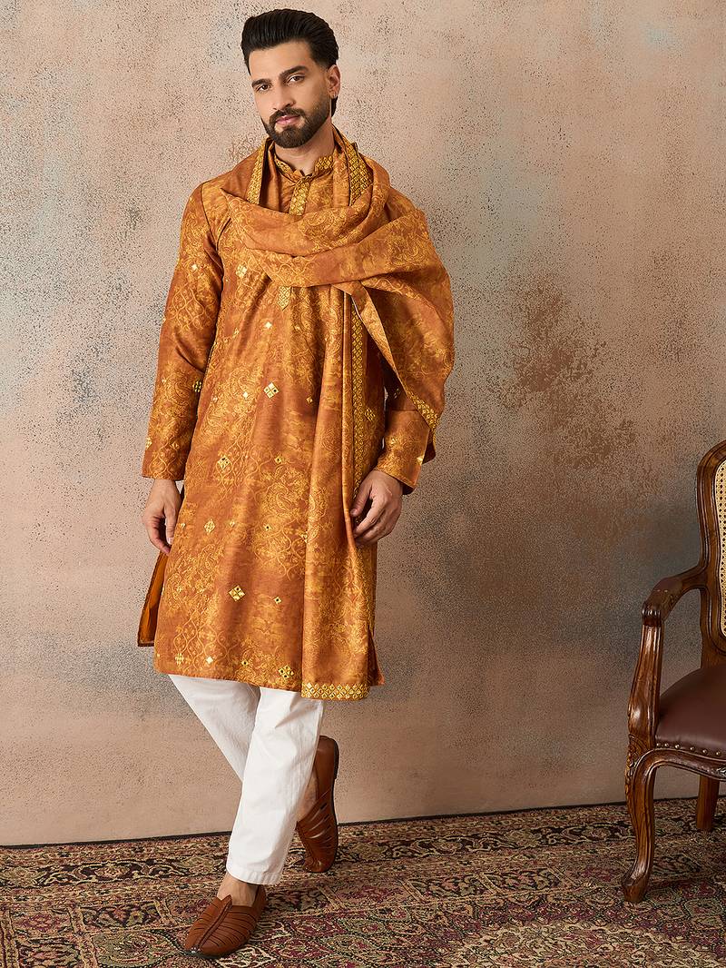 Men's mustard silk blend printed ethnic motifs kurta with dupatta     trendy festive & wedding wear