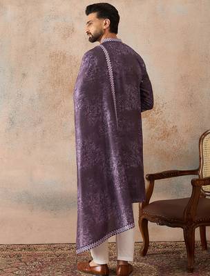 Men's purple silk blend printed ethnic motifs kurta with dupatta – trendy festive & wedding wear 4