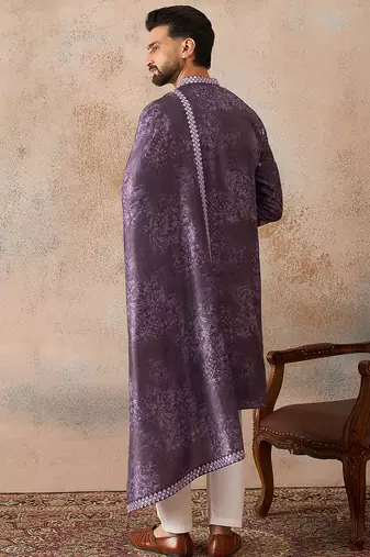 Men's purple silk blend printed ethnic motifs kurta with dupatta – trendy festive & wedding wear