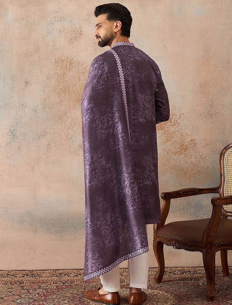 Men's purple silk blend printed ethnic motifs kurta with dupatta – trendy festive & wedding wear