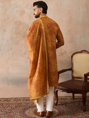 Men's mustard silk blend printed ethnic motifs kurta with dupatta     trendy festive & wedding wear 4