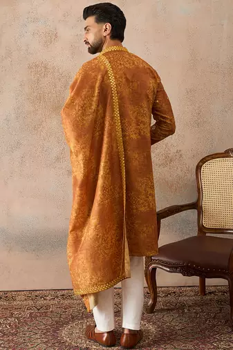 Men's mustard silk blend printed ethnic motifs kurta with dupatta     trendy festive & wedding wear