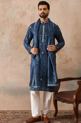 Men's blue silk blend printed ethnic motifs kurta with dupatta     trendy festive & wedding wear