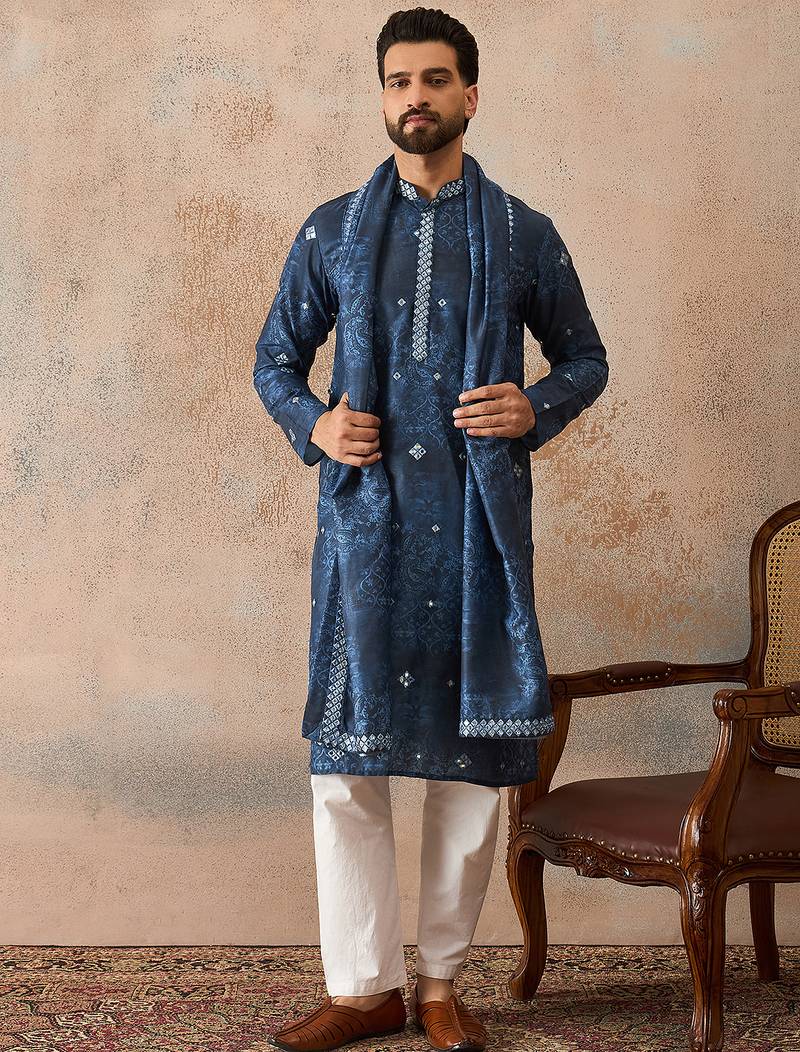 Men's blue silk blend printed ethnic motifs kurta with dupatta     trendy festive & wedding wear