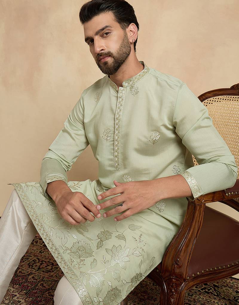 Men's green silk blend embroidered solid kurta – stylish festive ethnic wear