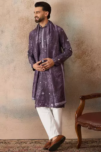 Men's purple silk blend printed ethnic motifs kurta with dupatta – trendy festive & wedding wear