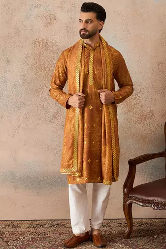 Men's mustard silk blend printed ethnic motifs kurta with dupatta     trendy festive & wedding wear