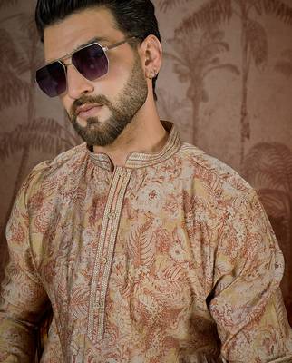 Men's beige silk blend printed floral kurta – stylish festive ethnic wear 1